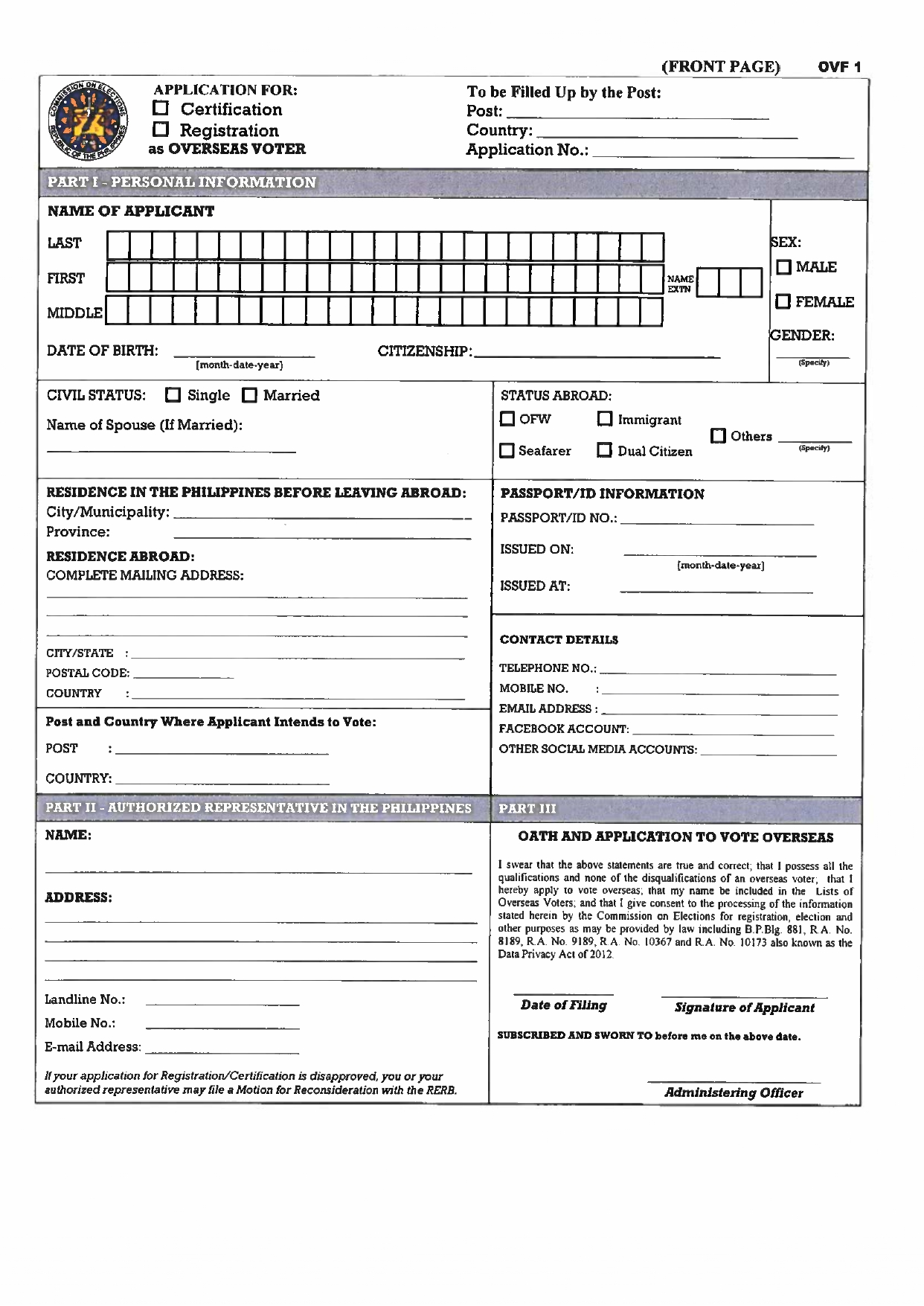 OVF Form No 1 Application for Certification and Registration page 0001