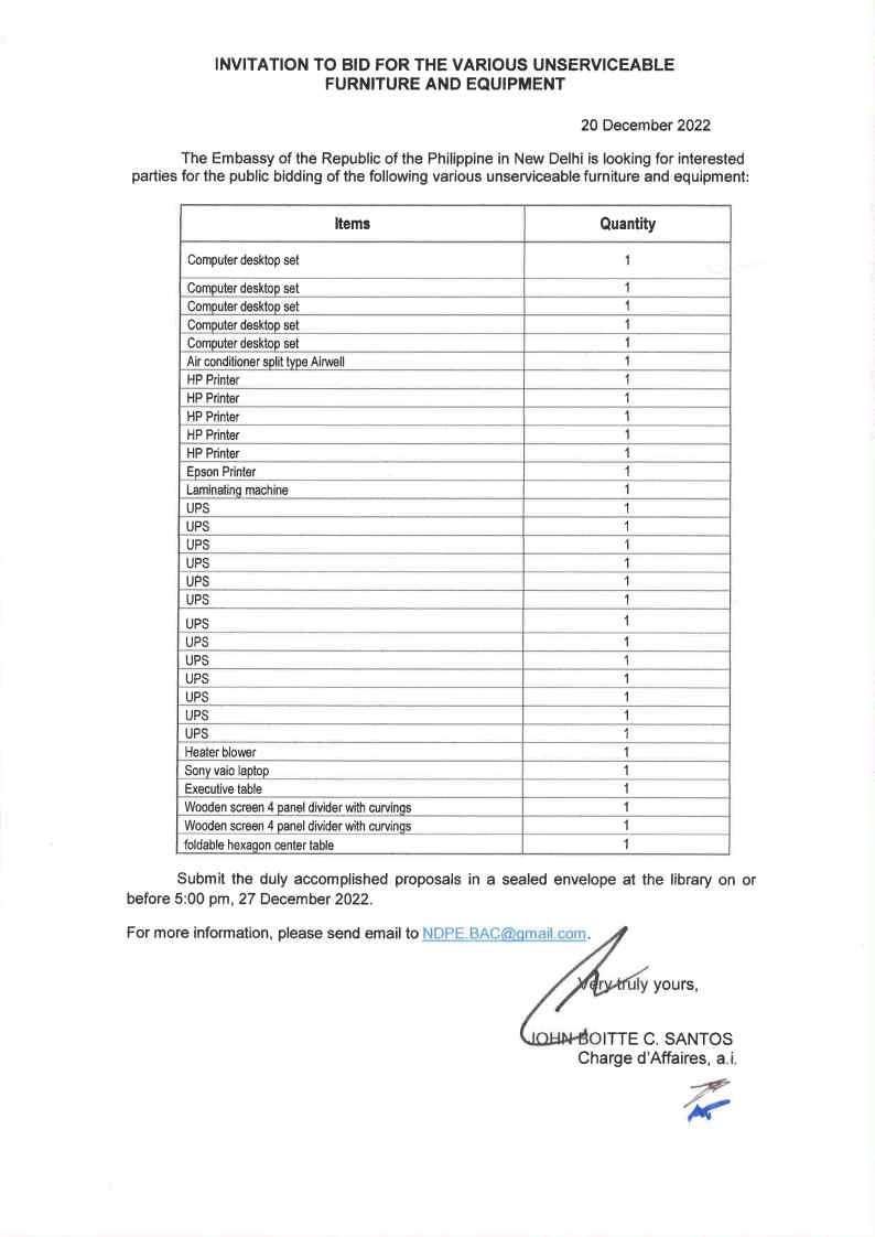 INVITATION TO BID FOR THE VARIOUS UNSERVICEABLE FURNITURE AND EQUIPMENT1