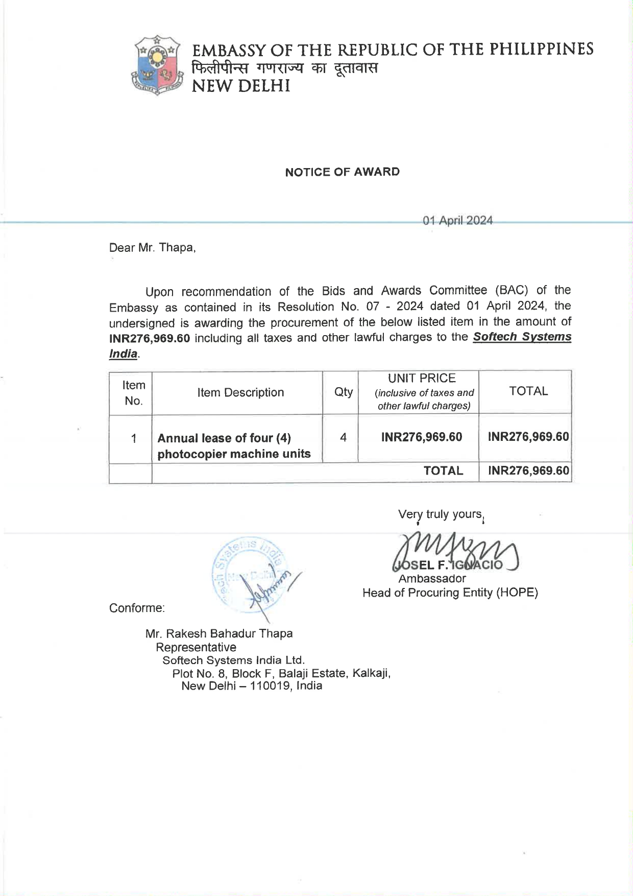 NOTICE OF AWARD page 0001