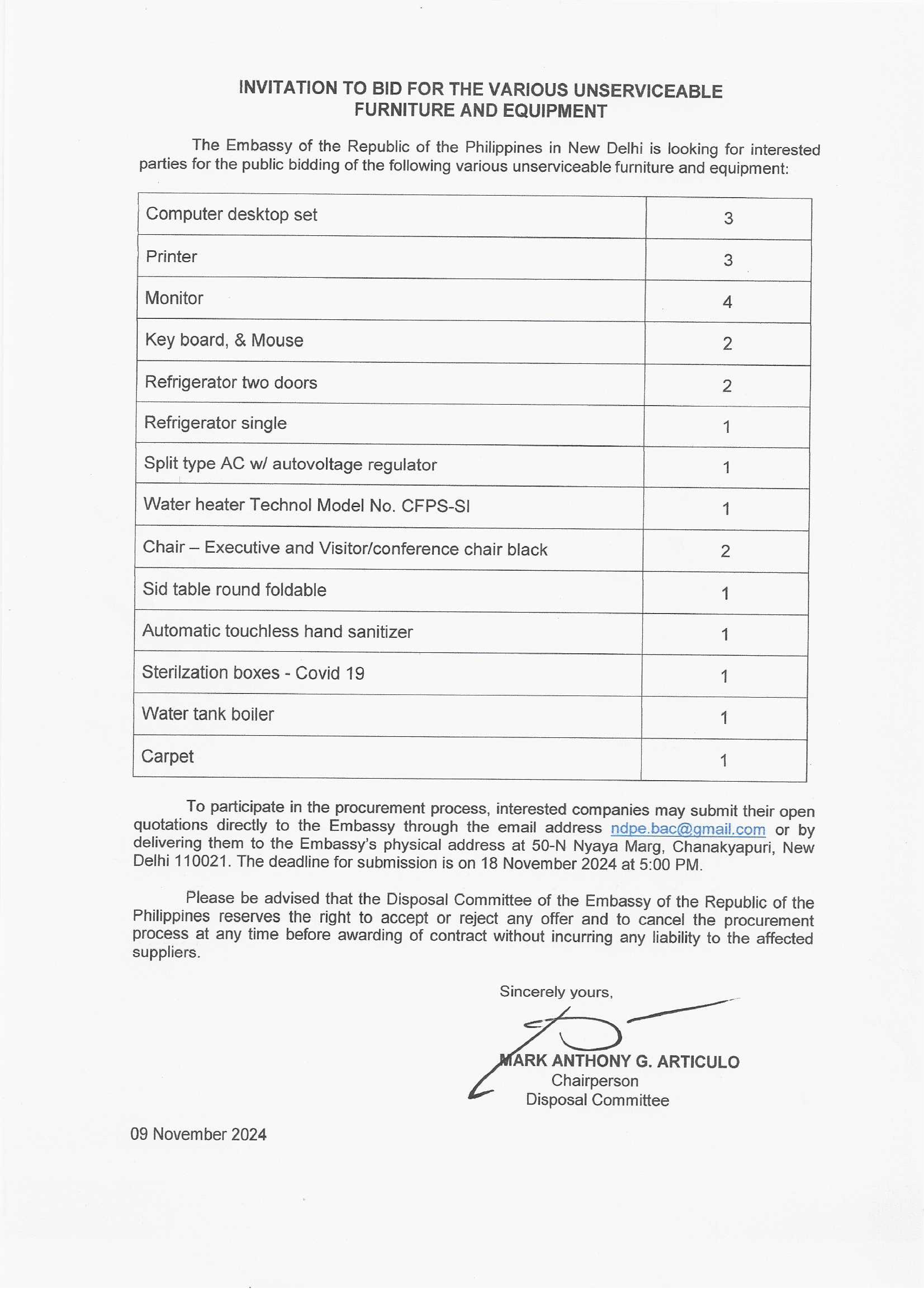 Invitation to Bid for the Various Unserviceable Furniture and Equipment page 0001