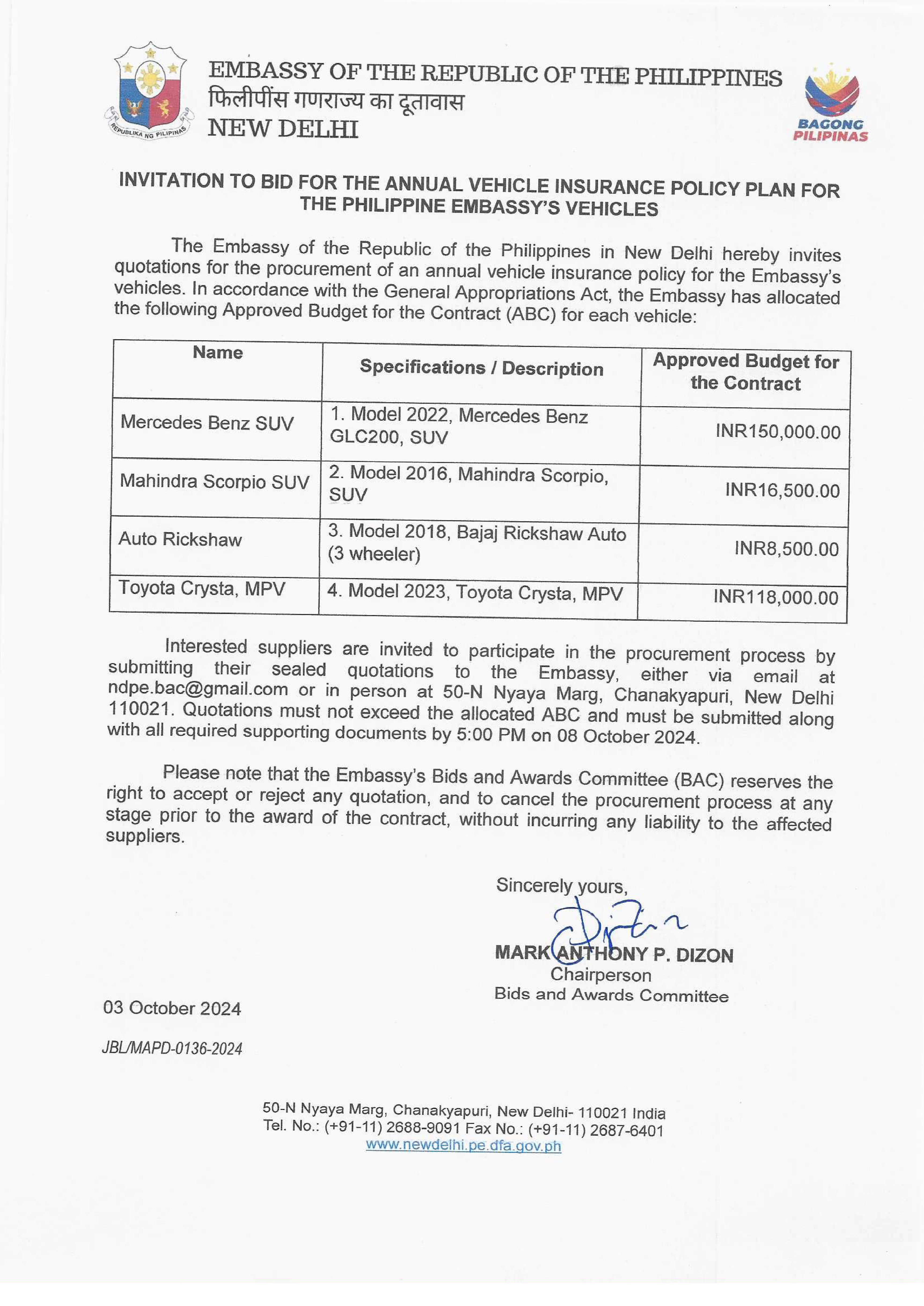 2nd Invitation to Bid for the Annual Insurance Policy of all the vehicles of the Embassy page 0001