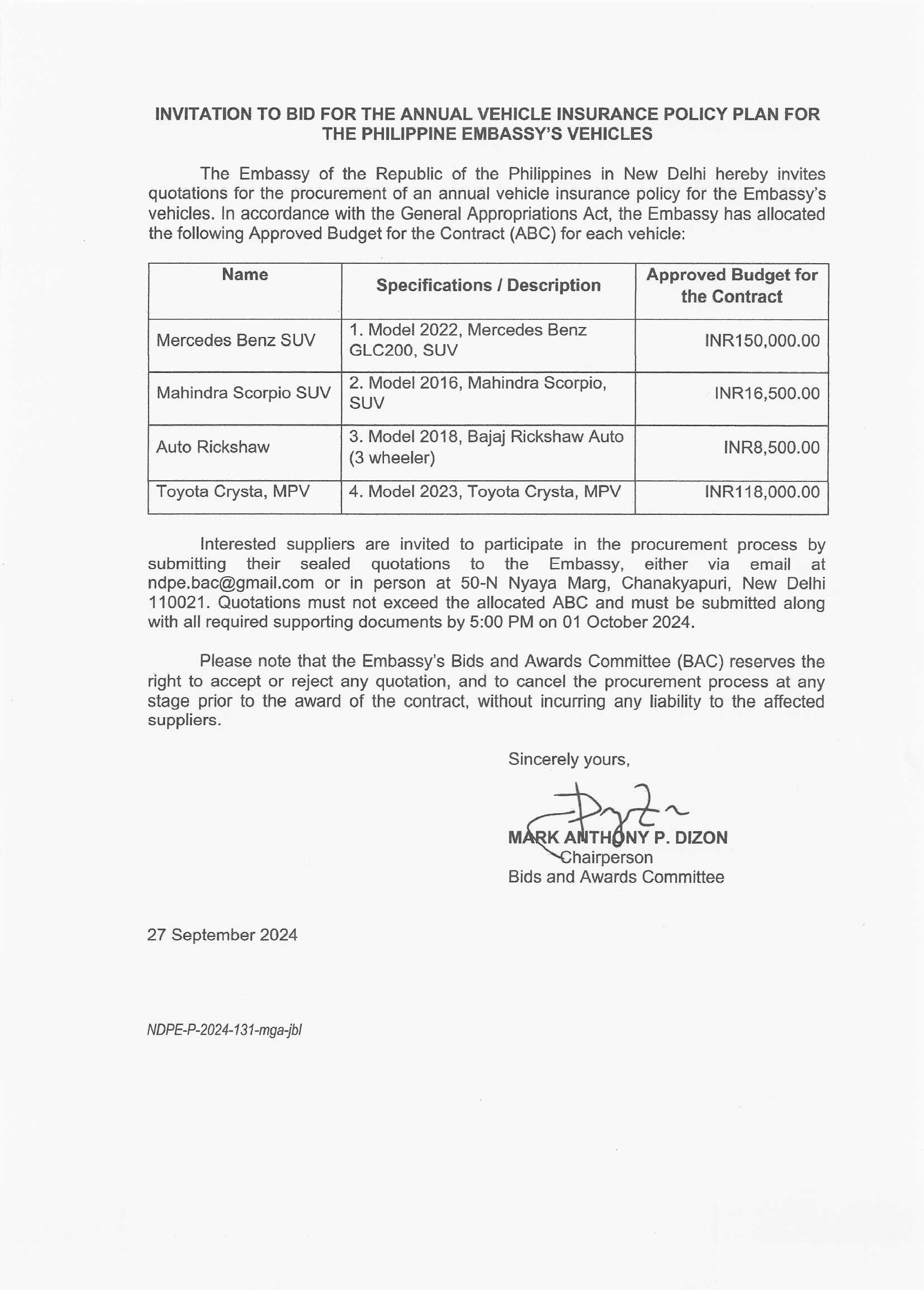 Invitation to Bid for the Annual Policy Insurance of all the Vehicles of the Embassy page 0001