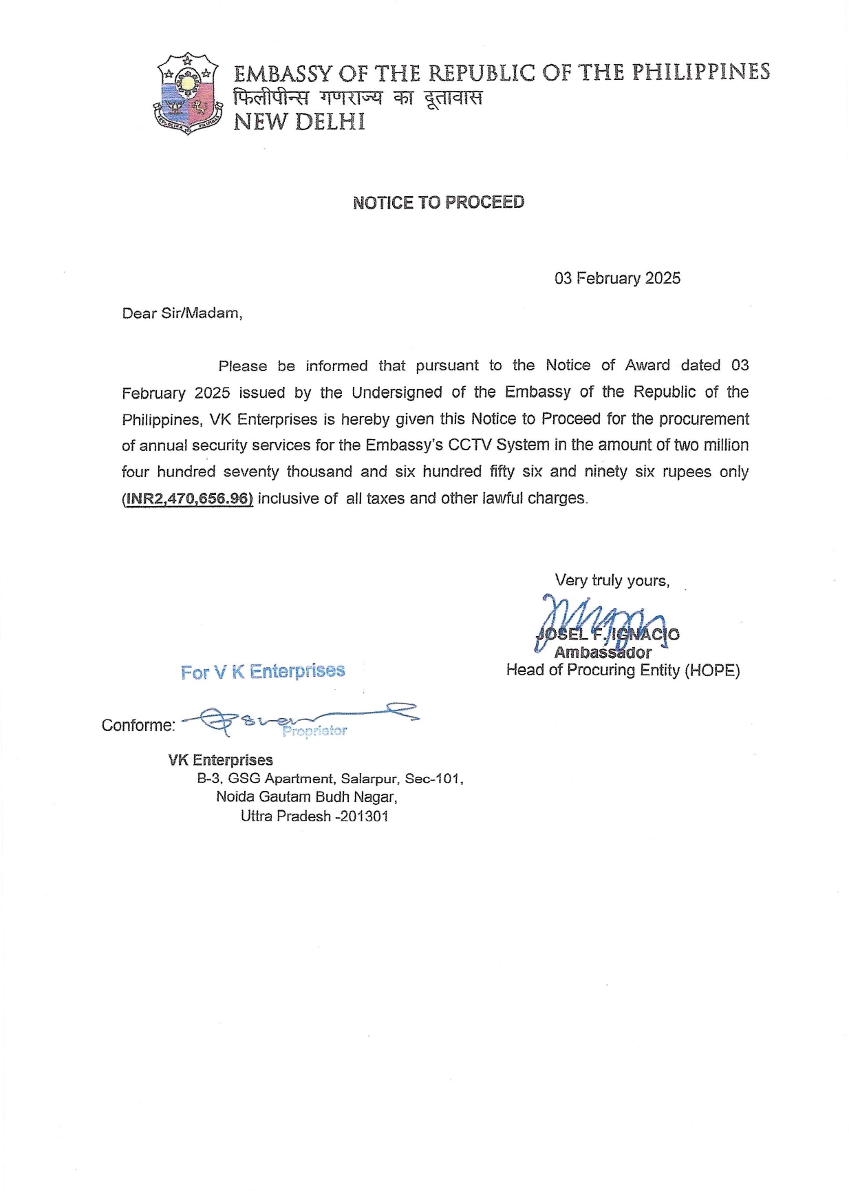 NOTICE TO PROCEED