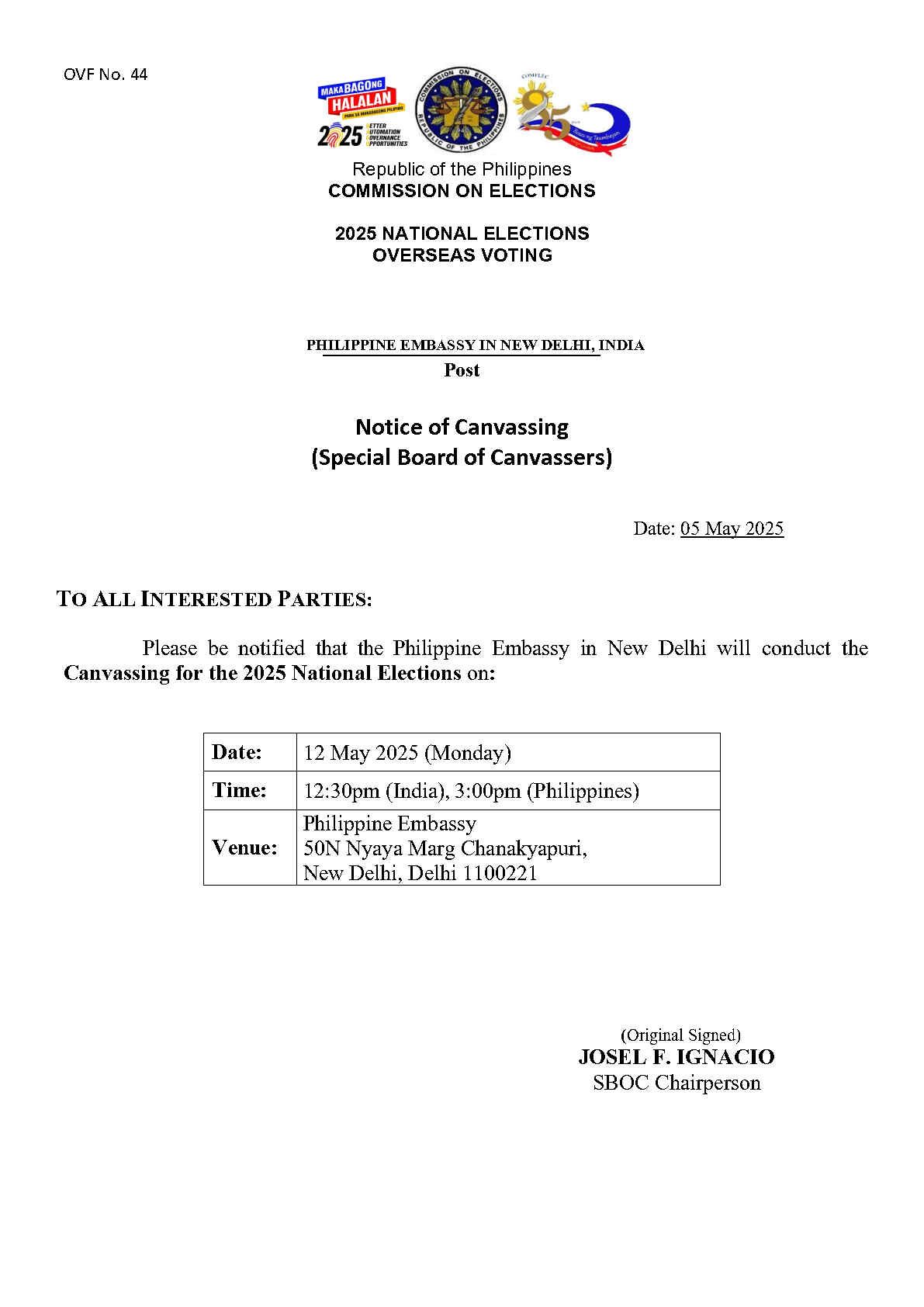 OVF No 44 Notice of Canvassing v1