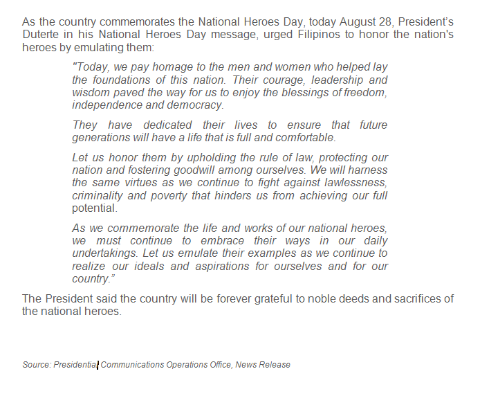 28 AUGUST 2017 NATIONAL HEROES DAY MESSAGE PRESIDENT DUTERTE