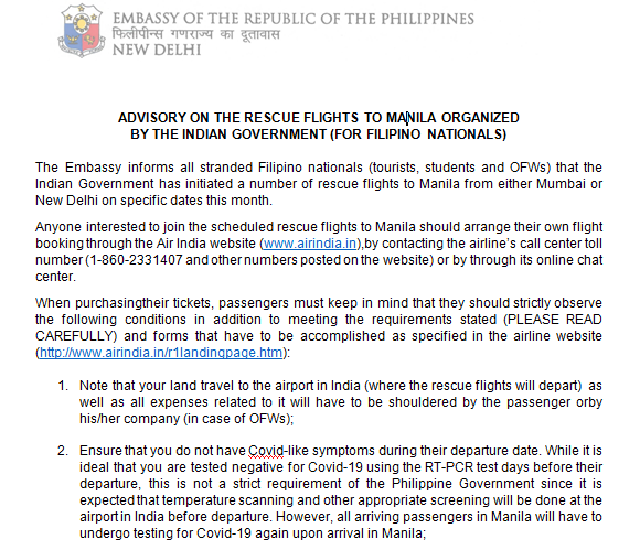 Advisory on Rescue Flightsfor Fil 18 May