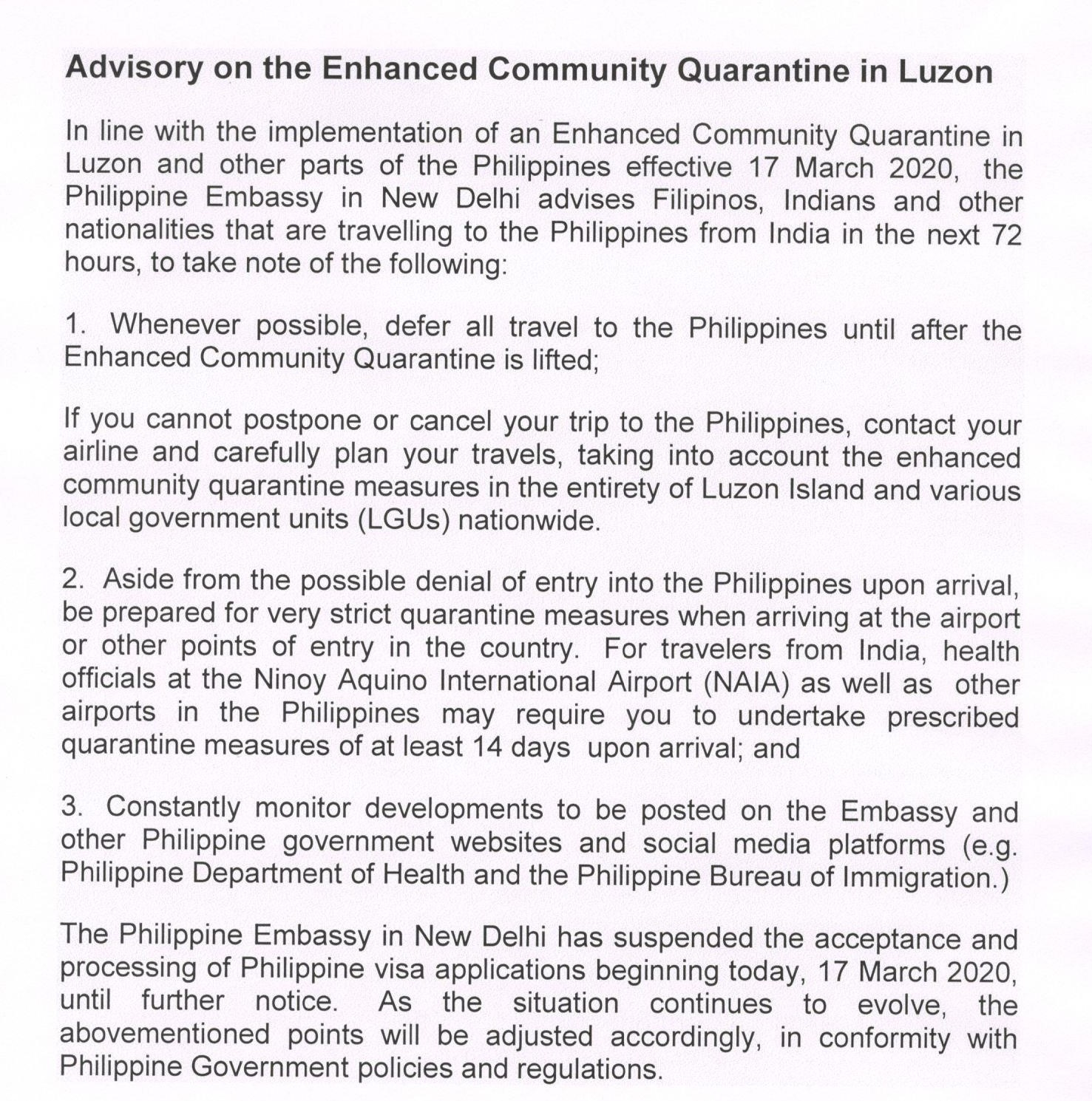 Advisory on the Enhanced Community Quarantine in Luzon