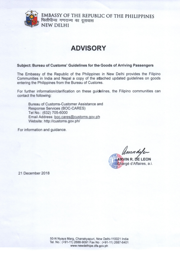 BOC Advisory Goods of Arriving Passengers