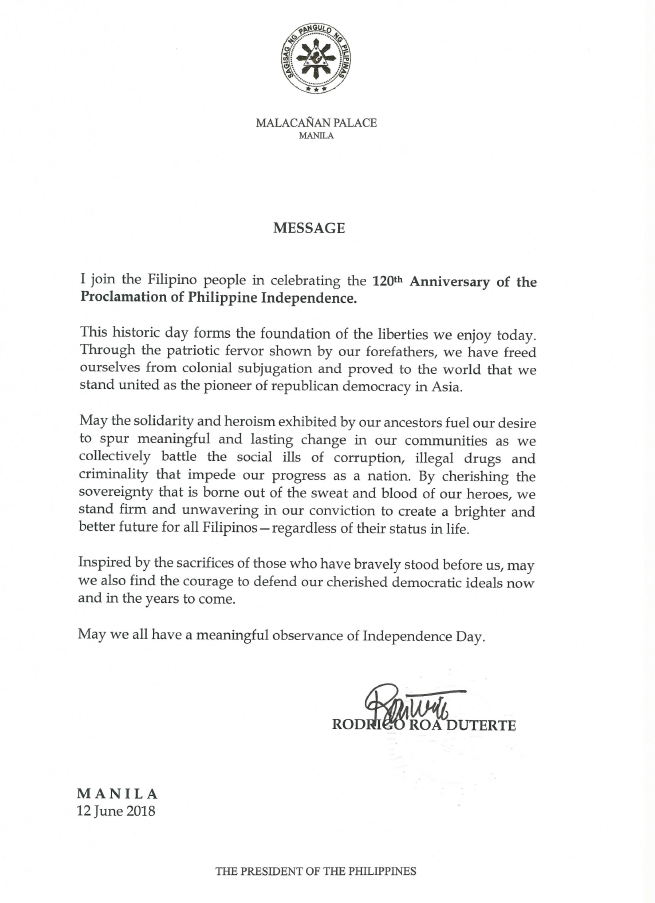 MESSAGE RODRIGO DUTERTE FOR 120TH INDEPENDENCE DAY