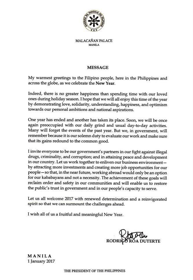 Message New Year Pres. Rodrigo Roa Dutertes New Year message 01 Jan. 2017