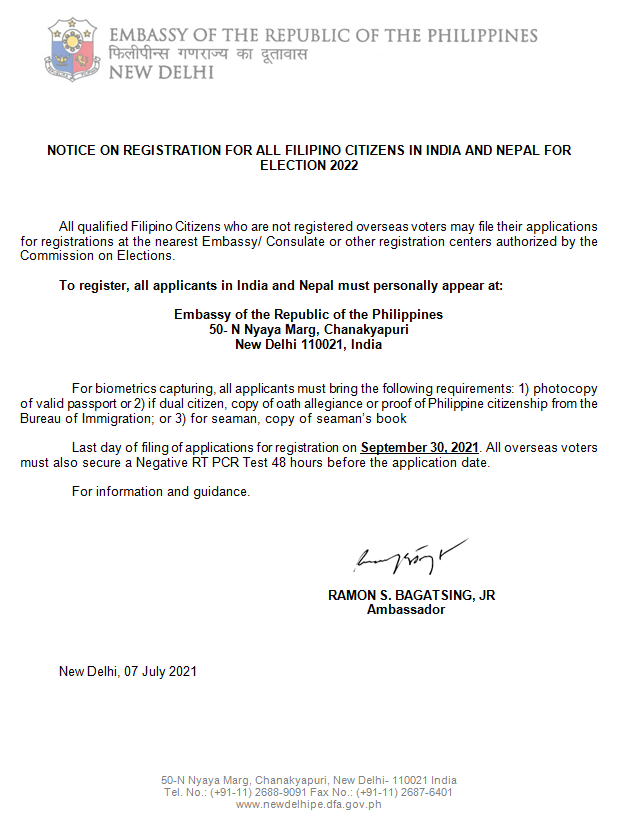 Notice on Registration for All Filipino Citizens in India and Nepal for Election 2022